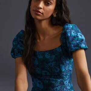 anthropologie Puff-Sleeved Jacquard Blouse blue